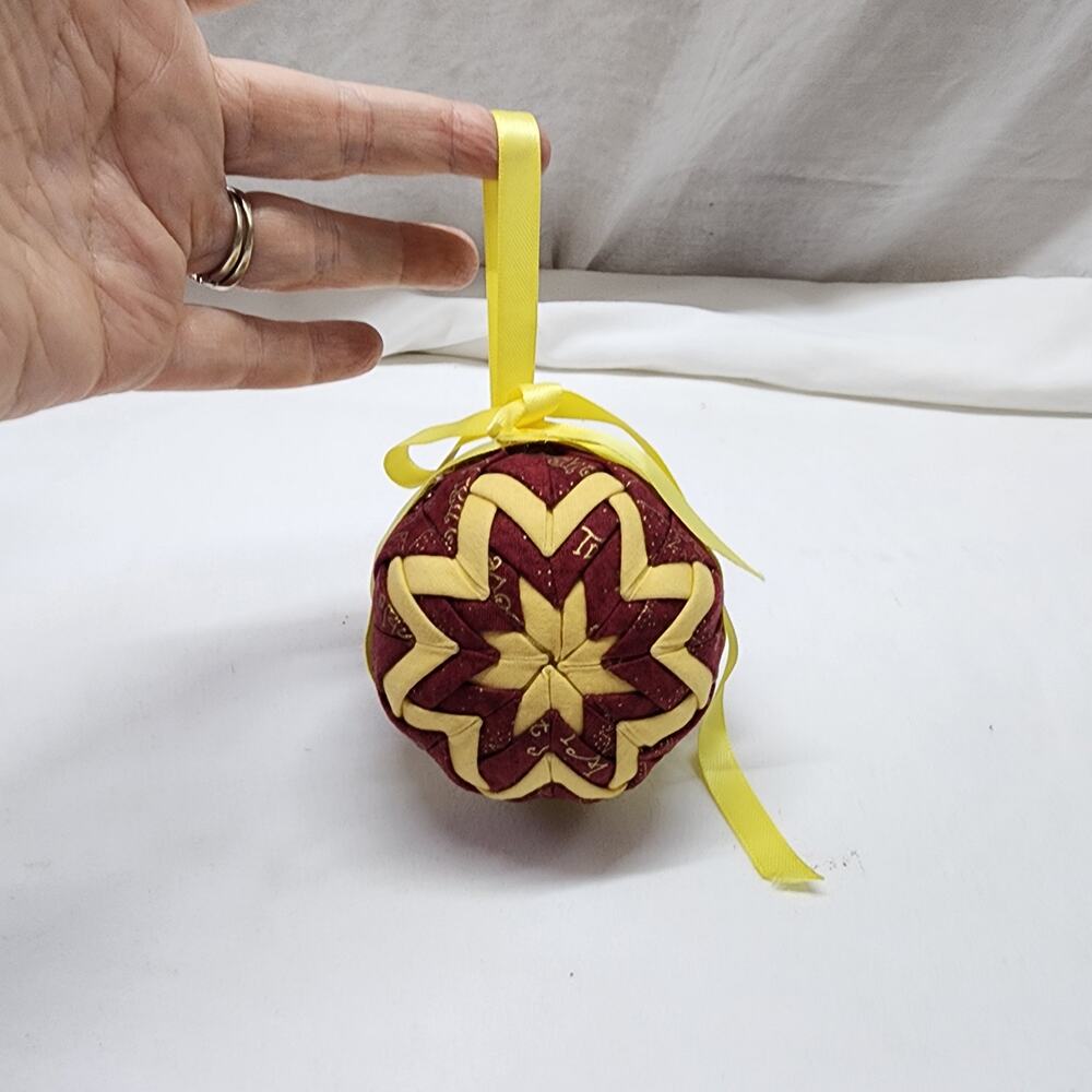 Quilted Christmas ball red and yellow fabric ornament b37